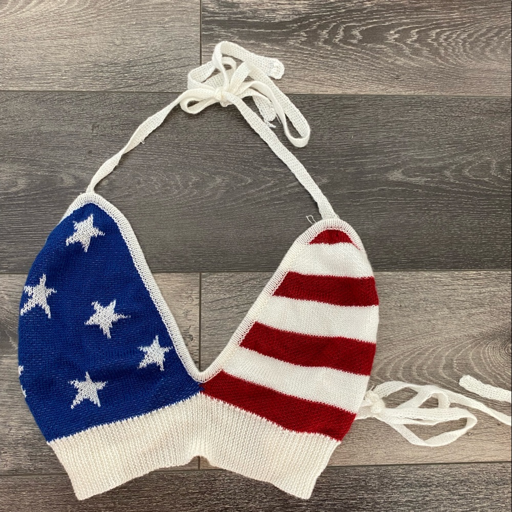 Charlotte Russe Crochet Knit USA Flag Halter Top. Size-M